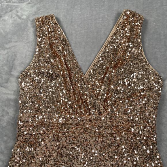 Belle Badgley Mischka Dress Womens 14 Gold Sequin Maxi Formal Wedding MOB - Picture 3 of 14